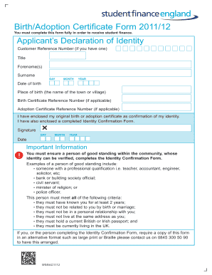 UK Student Finance Birth/Adoption Certificate Form