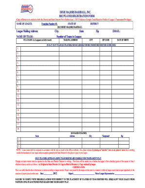 2012 Dixie Majors Baseball Player Registration Form
