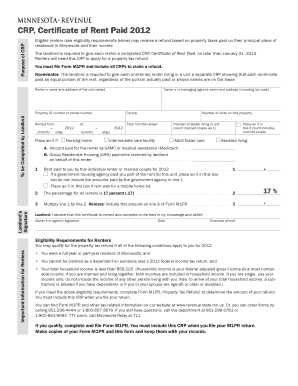 Minnesota Certificate of Rent Paid 2012
