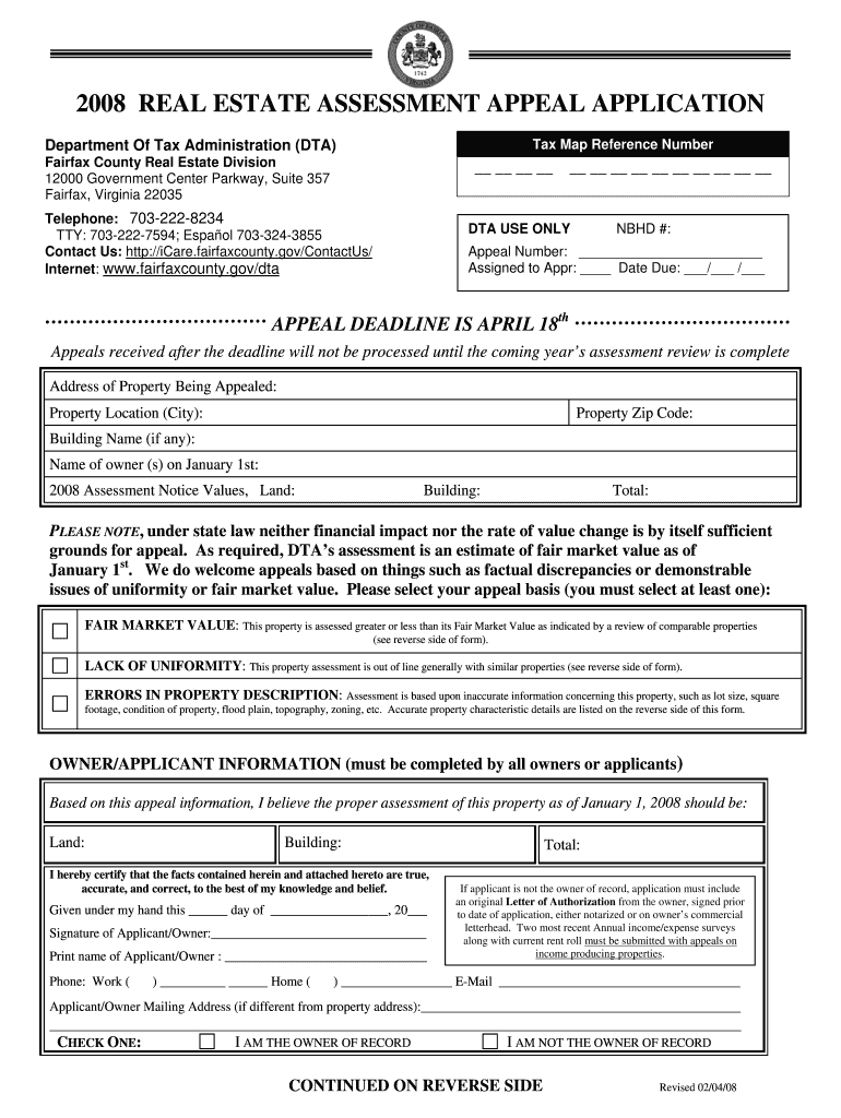 Fillable Online fairfaxcounty 2008 real estate assessment appeal