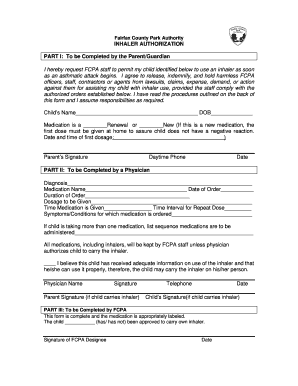 Fairfax County Inhaler Authorization Form