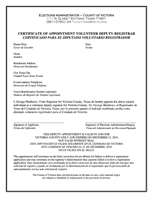 Certification of indigency - Certificate of appointment volunteer deputy registrar - Victoria County - victoriacountytx