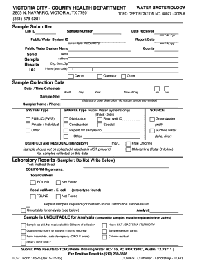 Texas Water Bacteriology Form