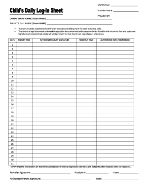 Child's Daily Login Sheet - co weld co