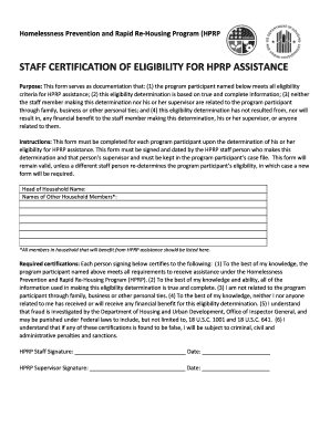 HPRP Staff Certification of Eligibility