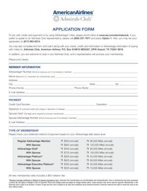 Admirals Club Membership Application Form