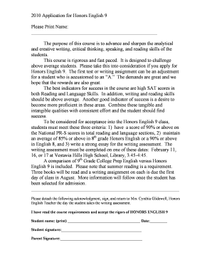 2010 Application for Honors English 9 Please Print Name: The ...