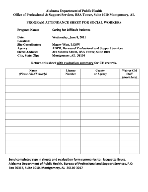 Aa attendance sheet - Social Work/Case Manager Sign-in Sheet - Alabama Department of ... - adph