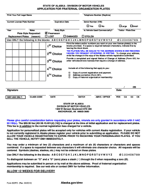 Alaska Fraternal Organization Plates Application