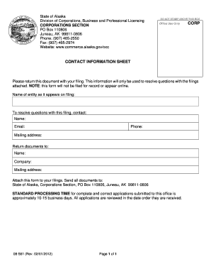 Alaska Corporation Contact Information Sheet