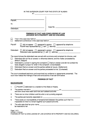 DR-801 and DR-806 Divorce with Property-No Children and Decree of Divorce (1-10) Not a fill in form. Domestic Relations Forms - courts alaska