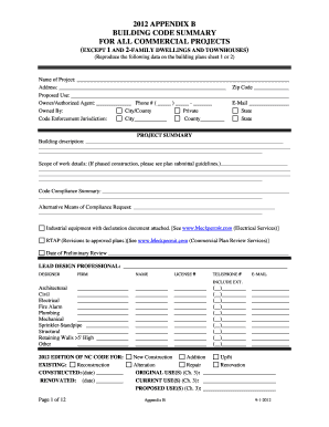 2012 appendix b building code summary for all commercial projects form