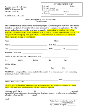 Arizona Pioneer License Application