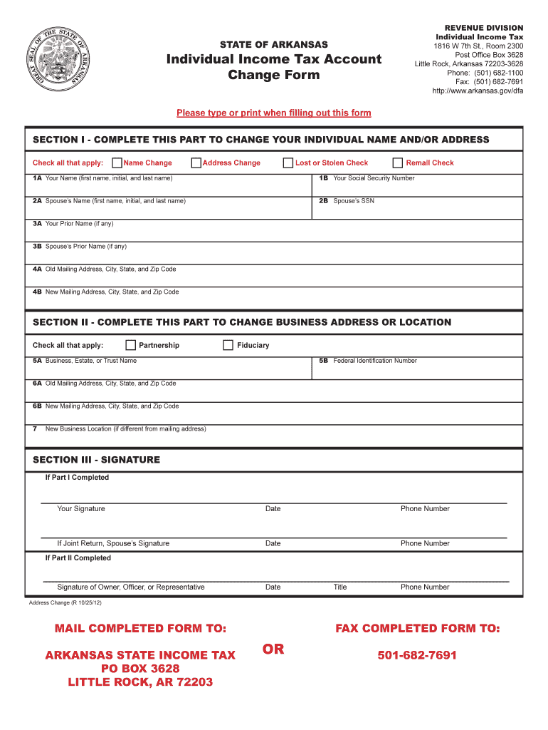 Fillable Online dfa arkansas Individual Tax Account Change Form