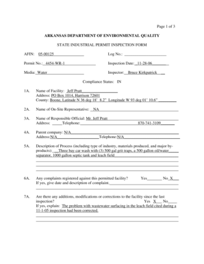 Page 1 of 3 ARKANSAS DEPARTMENT OF ENVIRONMENTAL QUALITY STATE INDUSTRIAL PERMIT INSPECTION FORM AFIN: 05-00125 Log No - adeq state ar