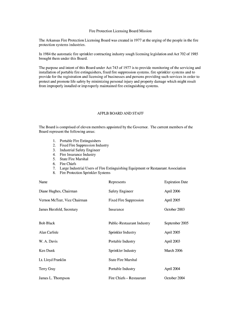 Fire Protection Licensing Board Mission The Arkansas Fire Preview on Page 1