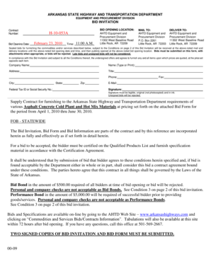 ARKANSAS STATE HIGHWAY AND TRANSPORTATION DEPARTMENT EQUIPMENT AND PROCUREMENT DIVISION BID INVITATION Contract Number: Bid Opening Date: H-10-053A February 23, 2010 Time: 11:00 A