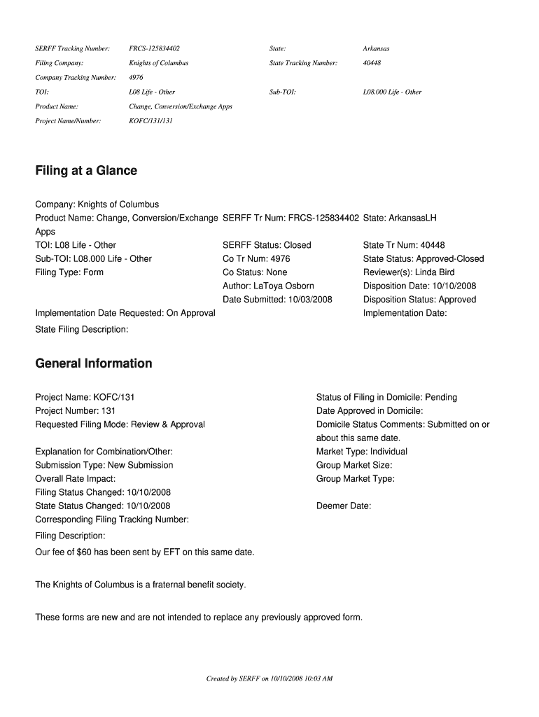 Filing FRCS-125834402 - Arkansas Insurance Department - insurance arkansas Preview on Page 1