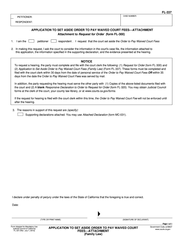 FL-337 APPLICATION TO SET ASIDE ORDER TO PAY WAIVED - courts ca Preview on Page 1