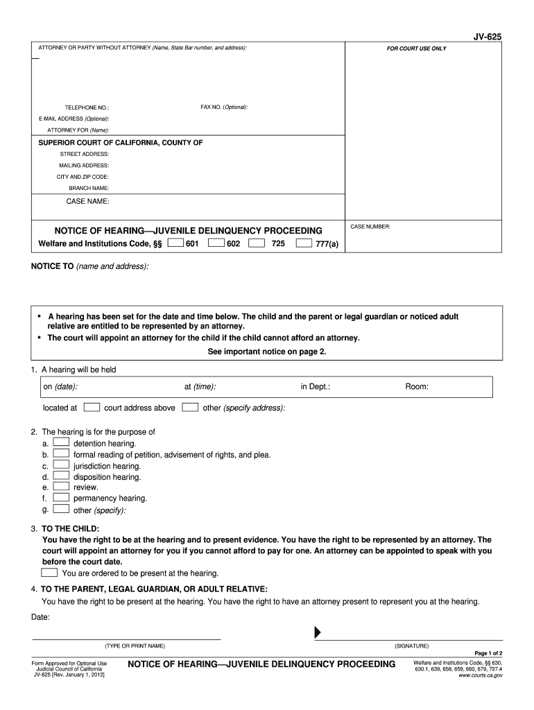 california jv 625 hearing form Preview on Page 1