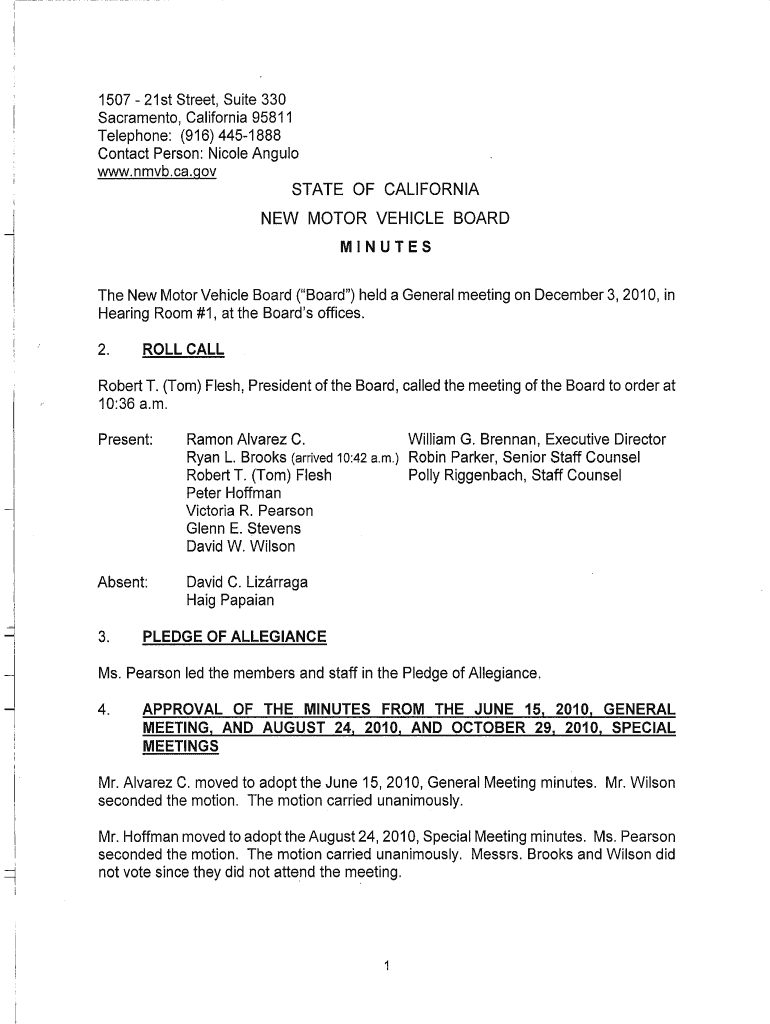 Minutes - New Motor Vehicle Board - State of California Preview on Page 1