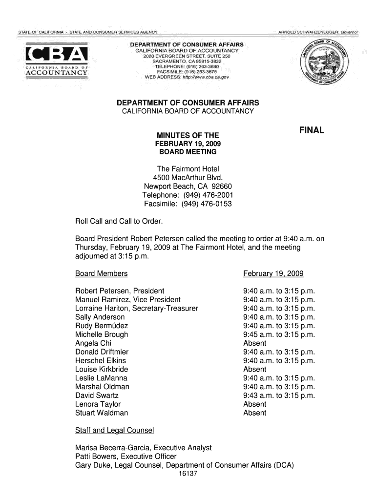 Board Meeting Minutes 2 19 2009 - California Board of Accountancy Board Meeting Minutes 2 19 2009 -  Preview on Page 1