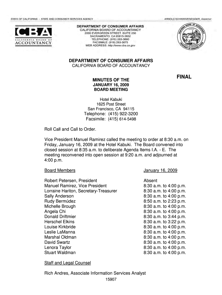 Board Meeting Minutes 1 16 2009 - California Board of Accountancy Board Meeting Minutes 1 16 2009 -  Preview on Page 1