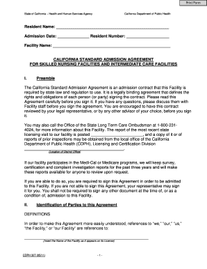 Standard Admission Agreement (SAA) for Skilled Nursing Facilities and Intermediate Care Facilities - cdph ca