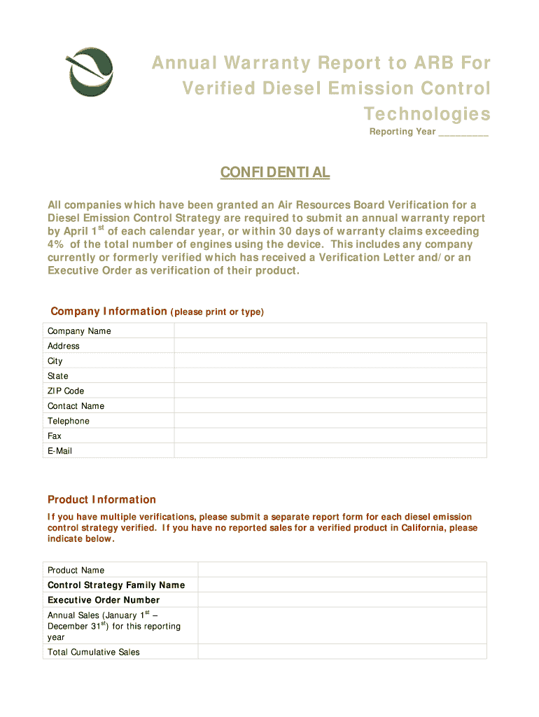 Fillable Online arb ca Annual Warranty Report to ARB For Verified