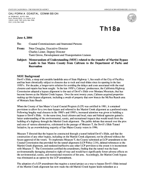 Memorandum of Understanding (MOU) related to the transfer of Martini Bypass Lands in San Mateo County from Caltrans to the Department of Parks and Recreation - coastal ca