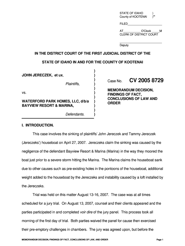 STATE OF IDAHO County of KOOTENAI ) )ss FILED AT O 'Clock M CLERK OF DISTRICT COURT Deputy IN THE DI Preview on Page 1
