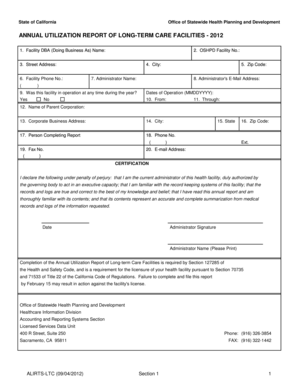 California Long-Term Care Facility Annual Utilization Report 2012