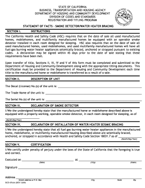 Statement of facts - smoke detector/water heater bracing - hcd ca