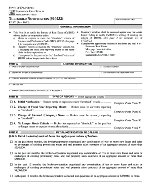 California Threshold Notification Form RE 853