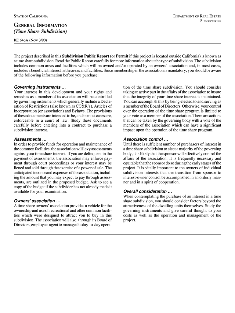 General Information (Time Share Subdivision), RE 646A (3 90) General Information (Time Share Subdivi Preview on Page 1