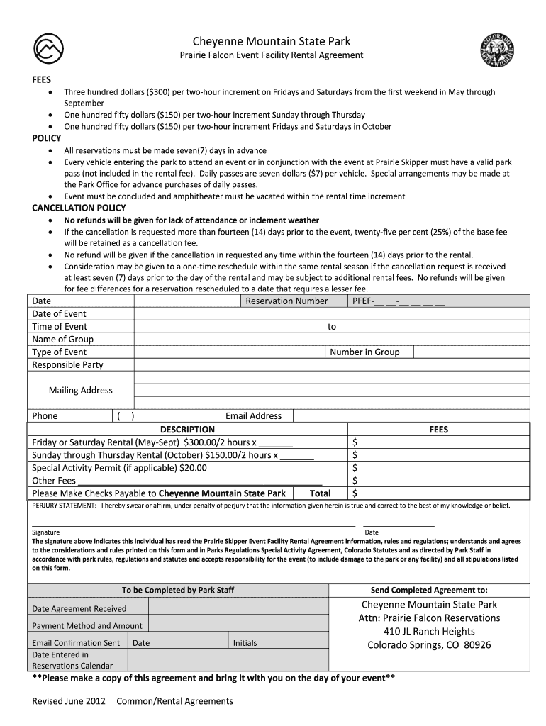 Prairie Falcon Rental Agreement - Colorado State Parks - parks state co Preview on Page 1