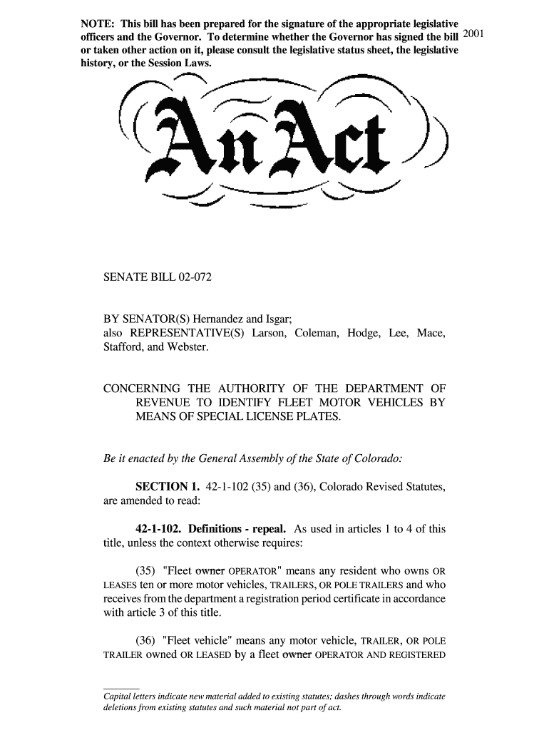 SENATE BILL 02-072 BY SENATOR(S) Hernandez and Isgar; also Preview on Page 1