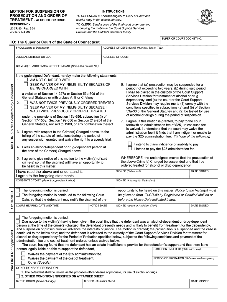 MOTION FOR SUSPENSION OF PROSECUTION AND ORDER OF TREATMENT - ALCOHOL OR DRUG DEPENDENCY - jud ct Preview on Page 1