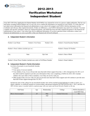 2012–2013 Verification Worksheet Independent Student