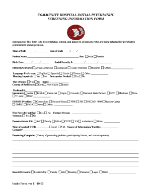 Community Hospital Initial Psychiatric Screening Information Form
