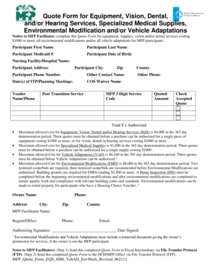 MFP Quote Form for Medical Services and Equipment