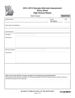 Georgia Alternate Assessment Entry Sheet