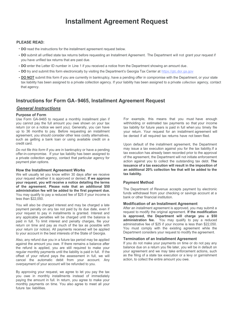 ga dept of revenue installment agreement 2011 form Preview on Page 1