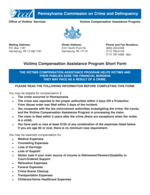 Pennsylvania Victims Compensation Assistance Program Short Form