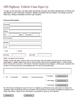 Off-Highway Vehicle Class Sign-Up Form