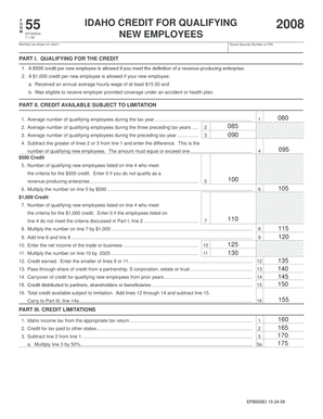 Idaho Form 55 - Credit for Qualifying New Employees
