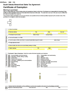 South Dakota Streamlined Sales Tax Agreement Certificate of Exemption