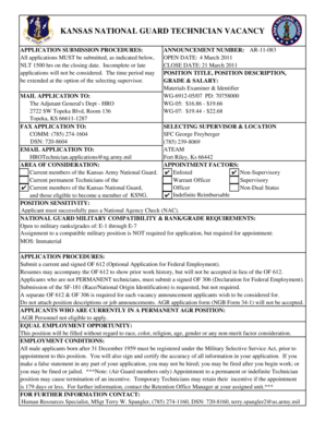 Mr15 form online - KANSAS NATIONAL GUARD TECHNICIAN VACANCY CLOSING DATE: APPLICATION SUBMISSION PROCEDURES: ANNOUNCEMENT NUMBER: AR-11-083 All applications MUST be submitted, as indicated below, OPEN DATE: 4 March 2011 NLT 1500 hrs on the closing date - - -