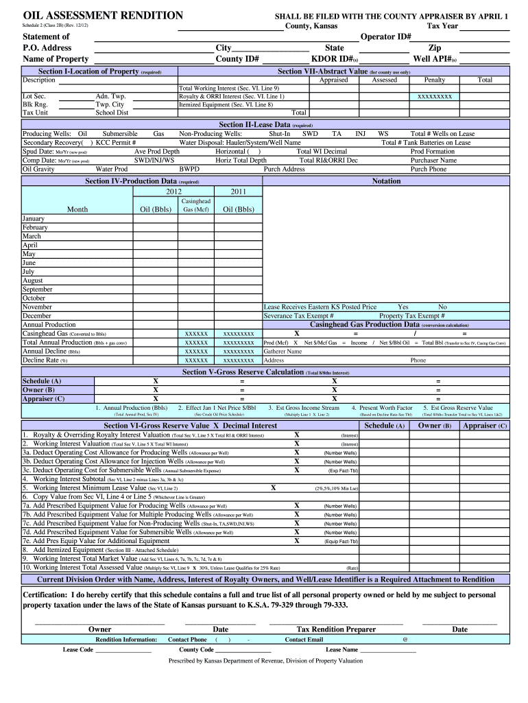 2013 Oil Rendition Form - Kansas Department of Revenue - ksrevenue Preview on Page 1