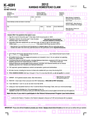 Kansas Homestead Claim Form K-40H